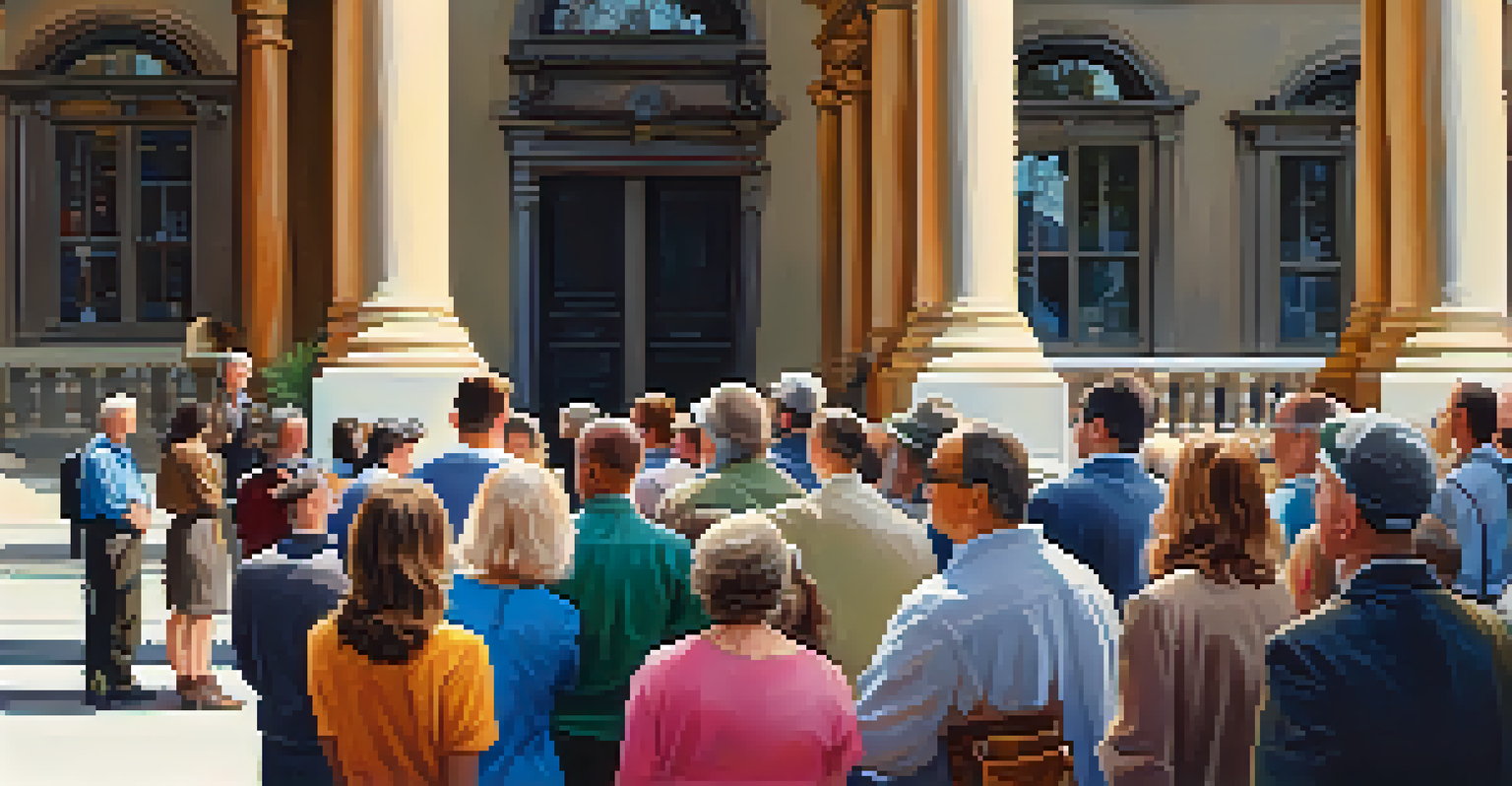 A diverse group of people participating in a historic tour, with a guide in front of a restored landmark.