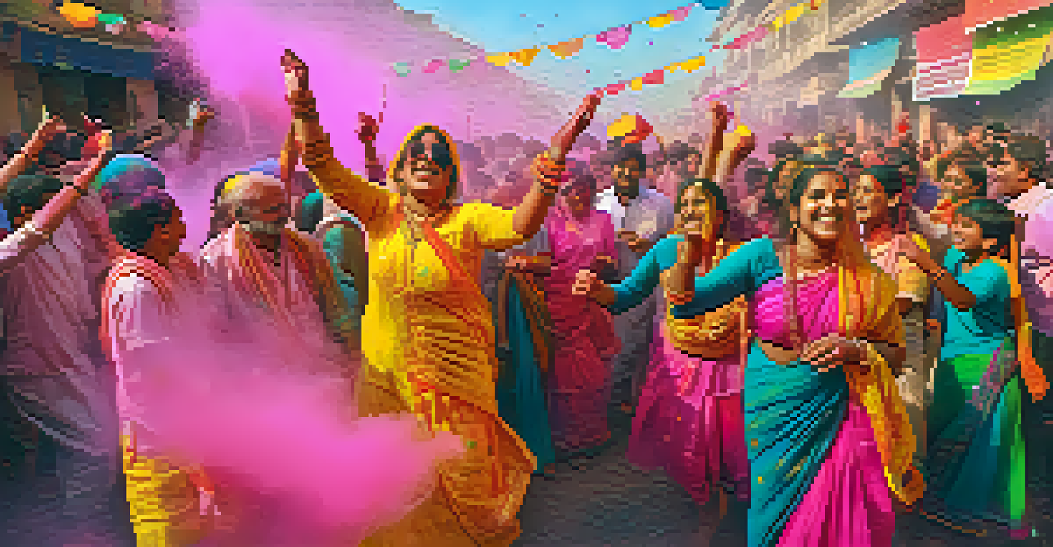 A lively celebration of the Holi festival in India, with people throwing colored powders and smiling, surrounded by vibrant decorations.
