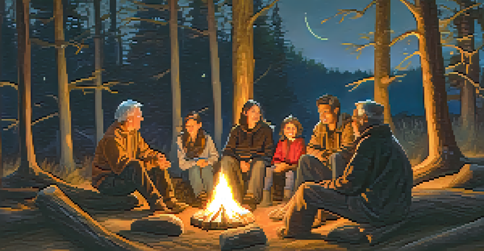 An elder sharing stories around a campfire with a diverse audience of children and adults, under a starry sky.