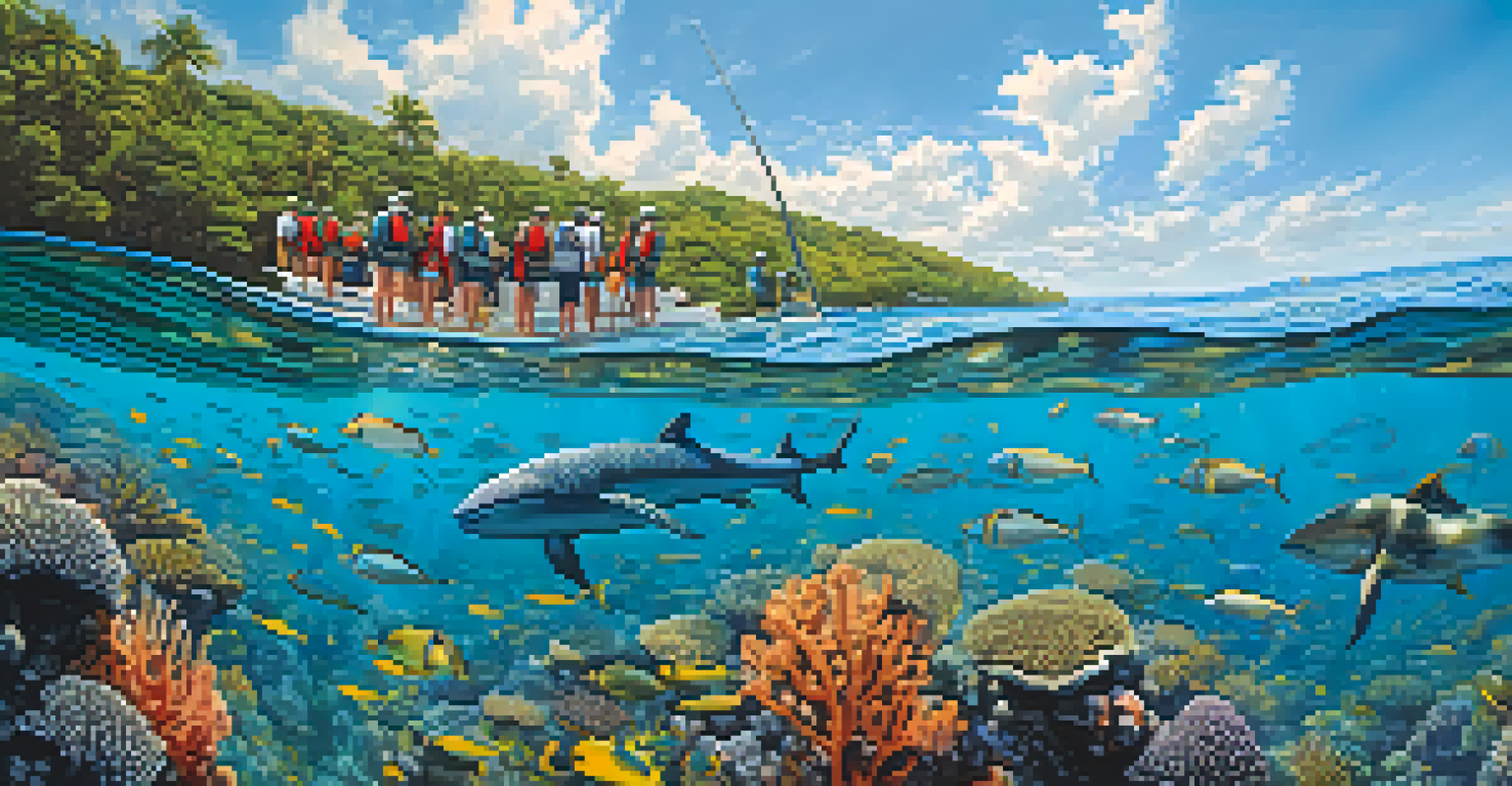 A group of snorkelers observing marine life during an ecotourism tour, with a guide pointing out sea creatures in a colorful underwater scene.