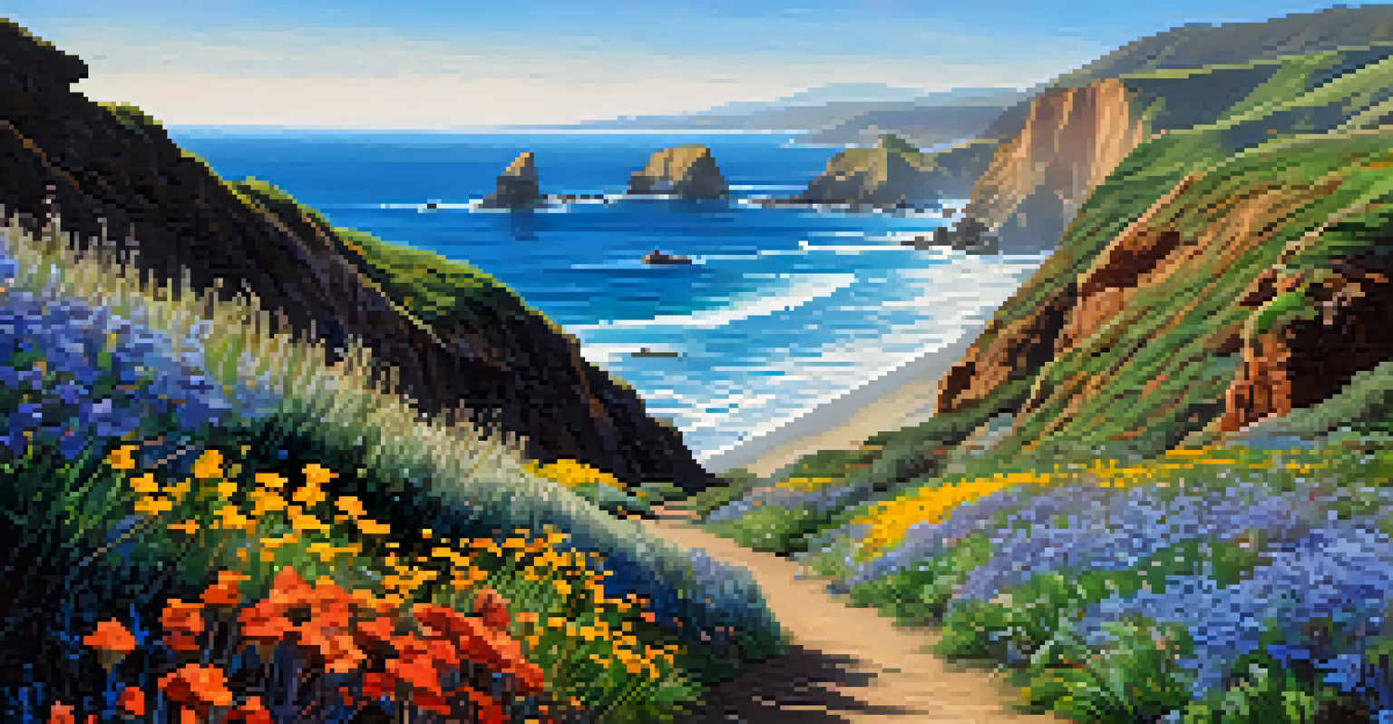 A coastal trail with cliffs and ocean views, featuring blooming wildflowers and seabirds in a clear blue sky.