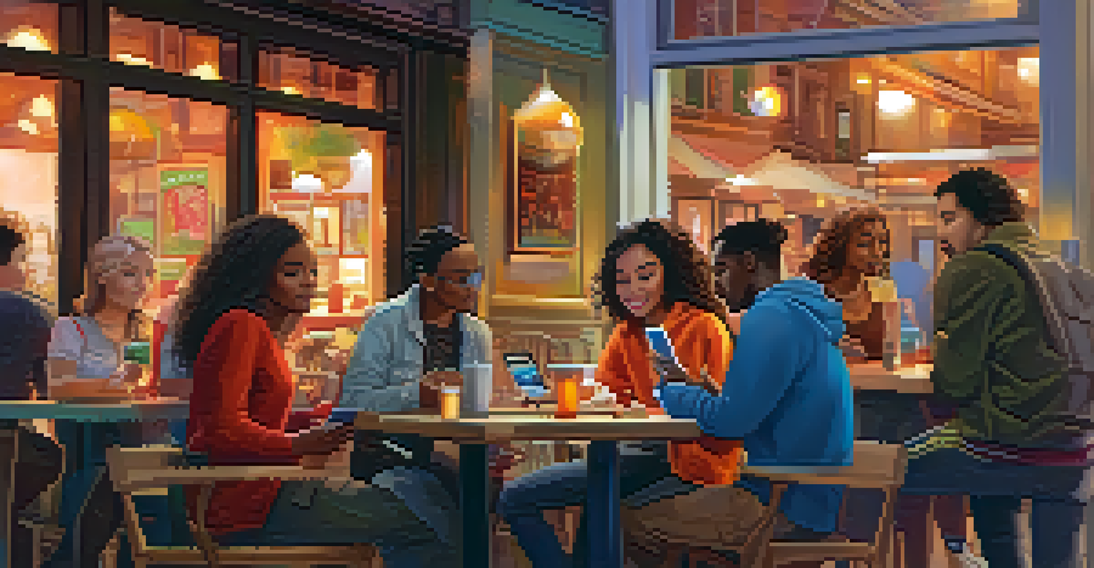 A diverse group of friends discussing safety apps in a cozy cafe setting.
