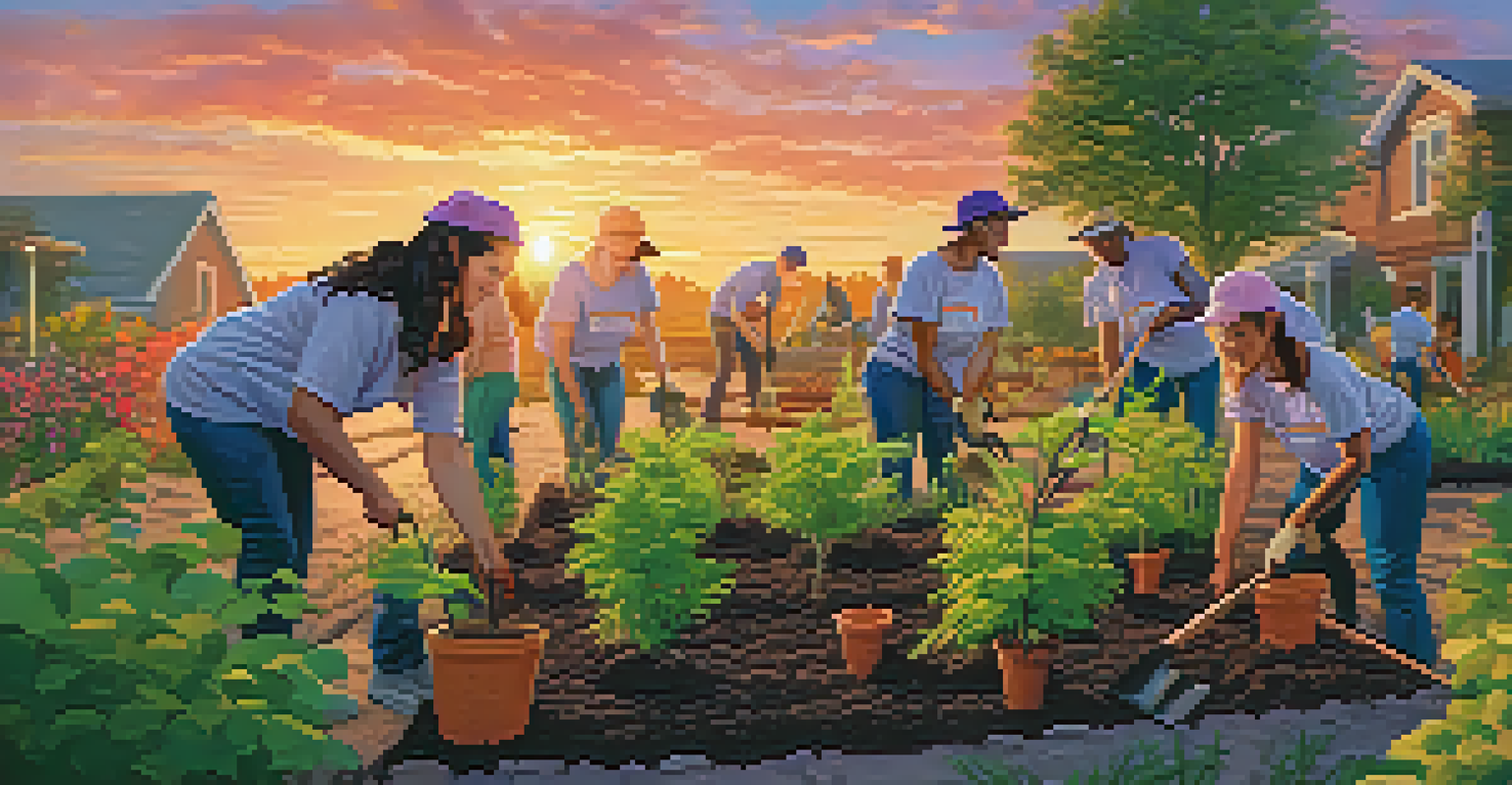 Volunteers planting trees in a community garden during a vibrant sunset.