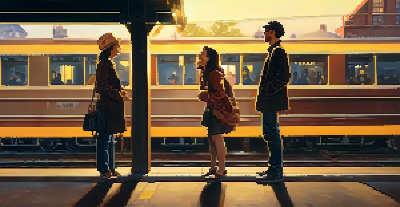 Two friends laughing at a train station in the evening, with warm lights and an approaching train.