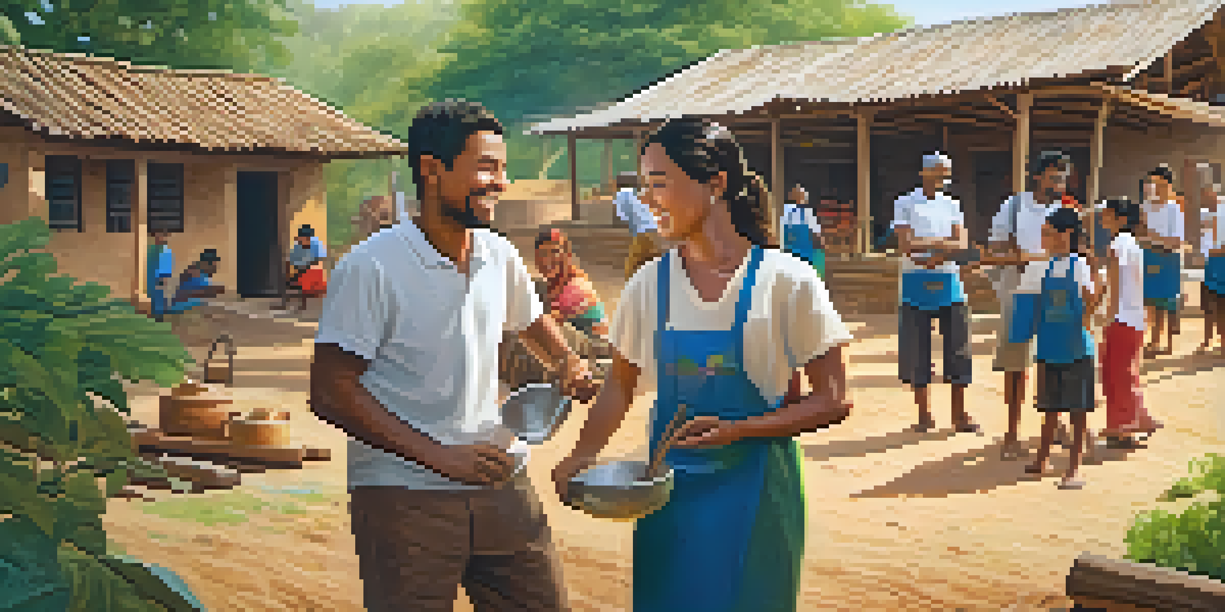 A group of diverse volunteers smiling as they build a community center in a sunny rural village with traditional houses in the background.