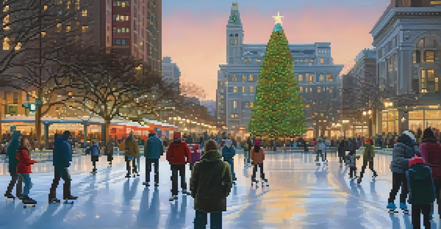 A winter evening in San Francisco's Union Square with a Christmas tree and people ice skating under twinkling lights.