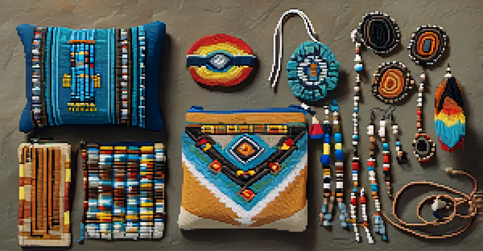 An artistic arrangement of colorful Native American beaded earrings, bracelets, and pouches on a stone surface, showcasing their intricate designs.