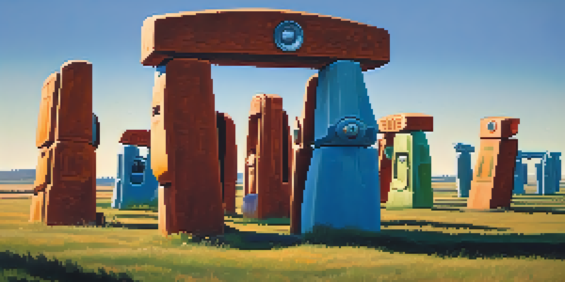 A circular arrangement of vintage cars resembling Stonehenge, set in a green landscape under a bright sky during golden hour.