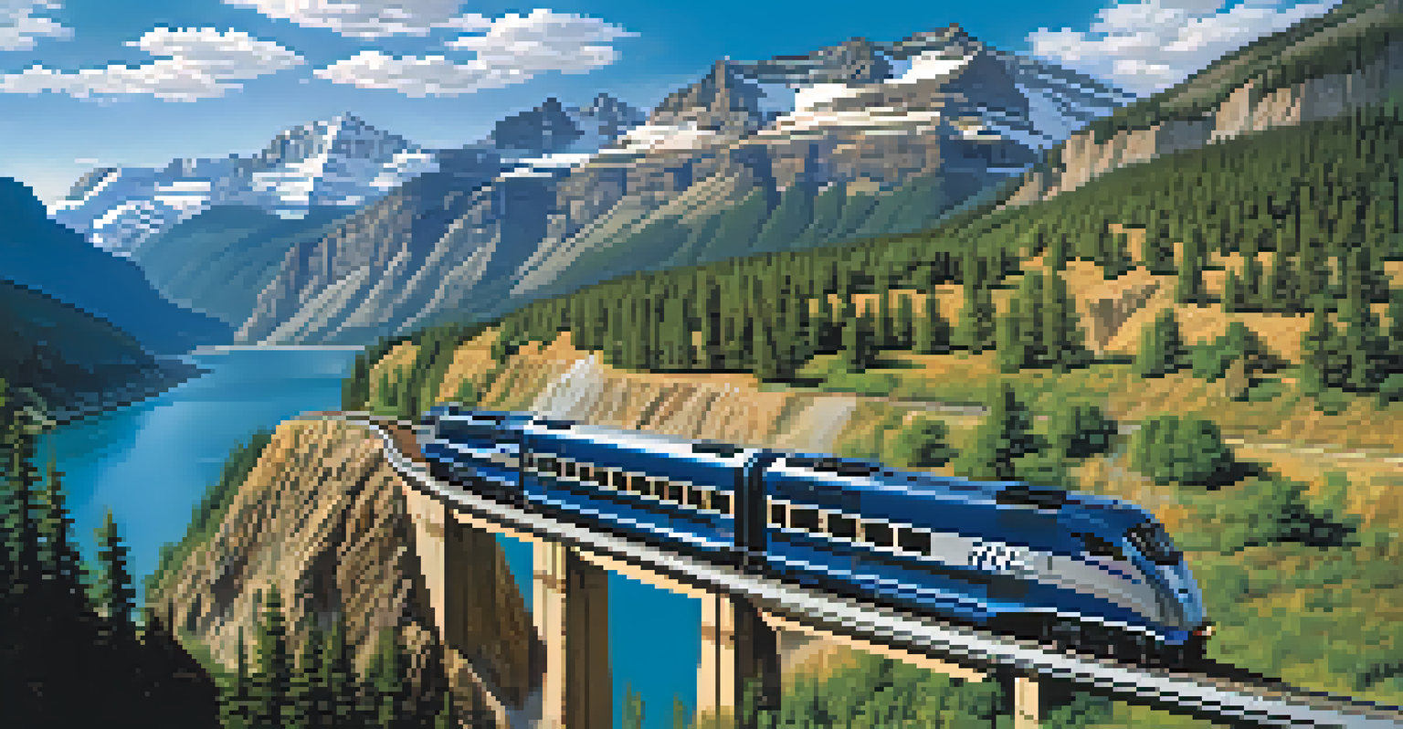 A luxury train travels through a canyon with cliffs and a river, with passengers visible in the glass dome.