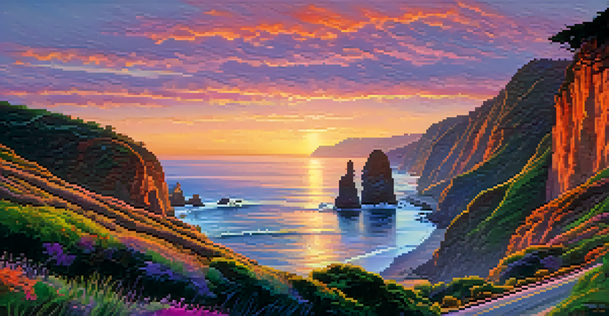 A scenic view of the Pacific Coast Highway with cliffs and ocean at sunset, featuring vibrant sky colors.
