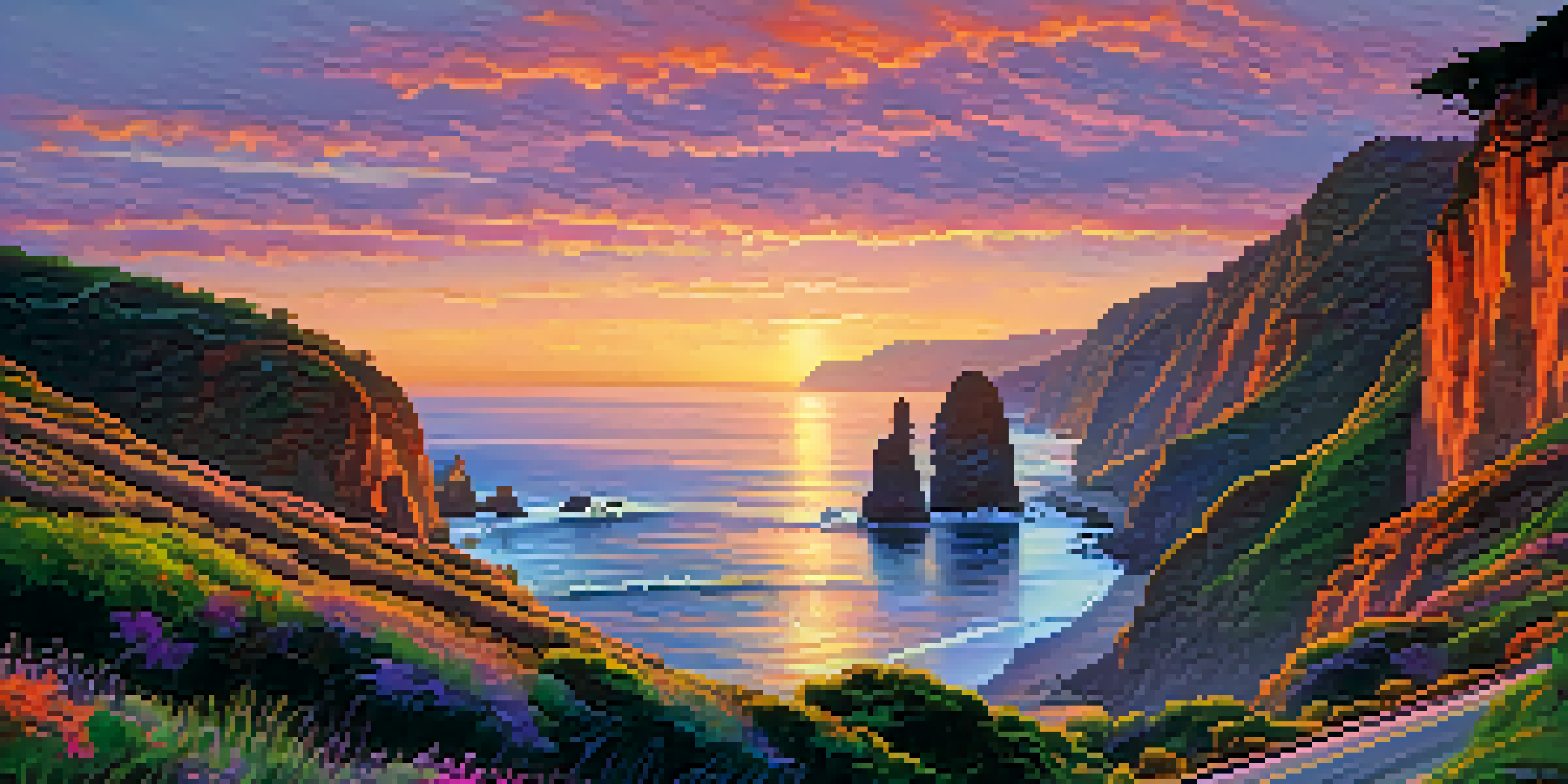 A scenic view of the Pacific Coast Highway with cliffs and ocean at sunset, featuring vibrant sky colors.