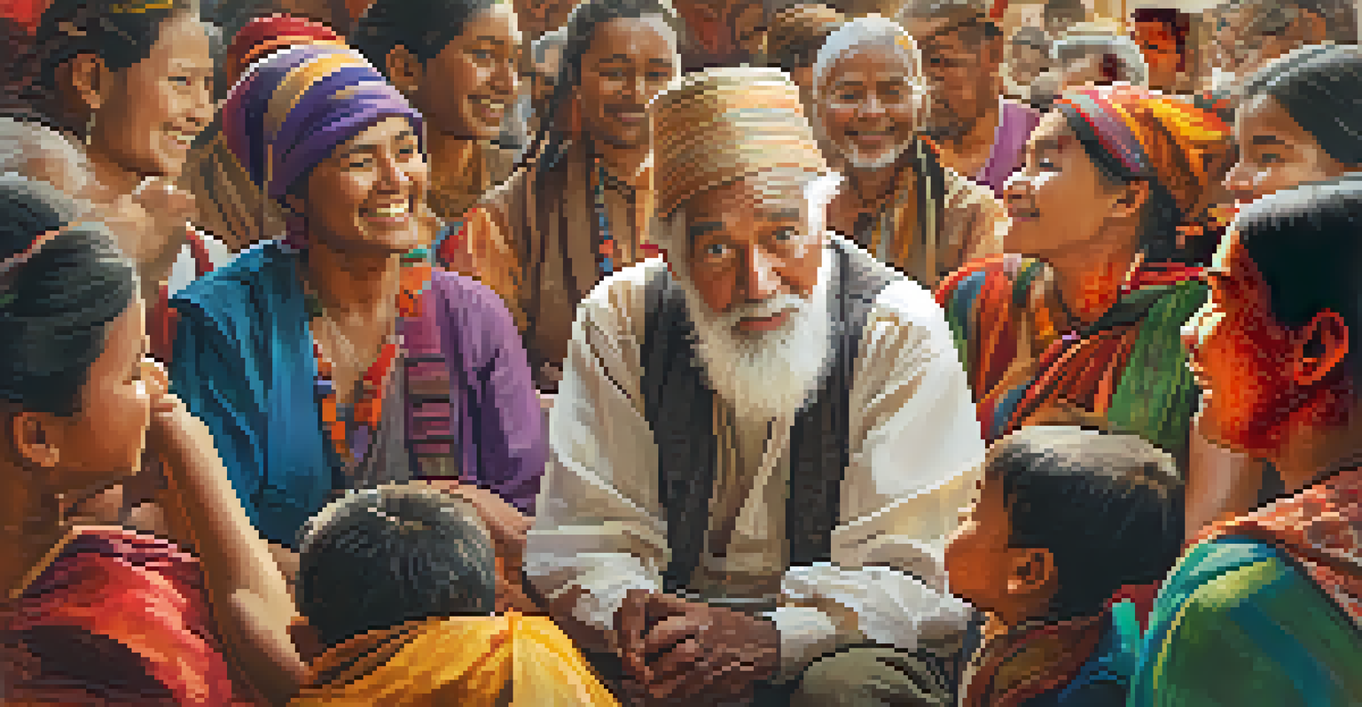 An elderly storyteller sharing a tale with an engaged audience, surrounded by colorful cultural decorations.