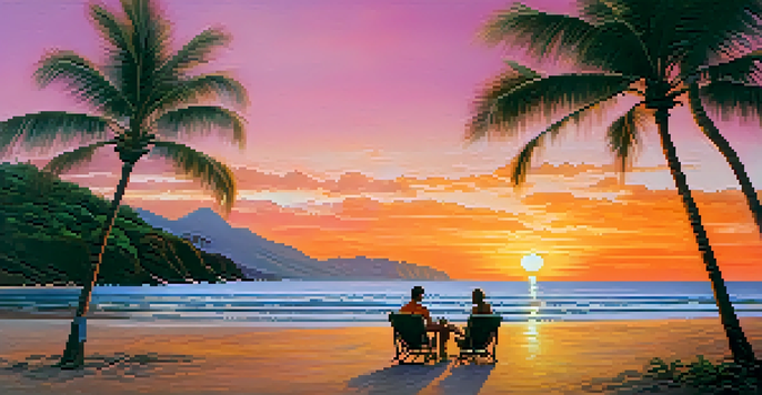 A peaceful sunset beach scene in Maui, Hawaii with a couple enjoying cocktails on the sand.