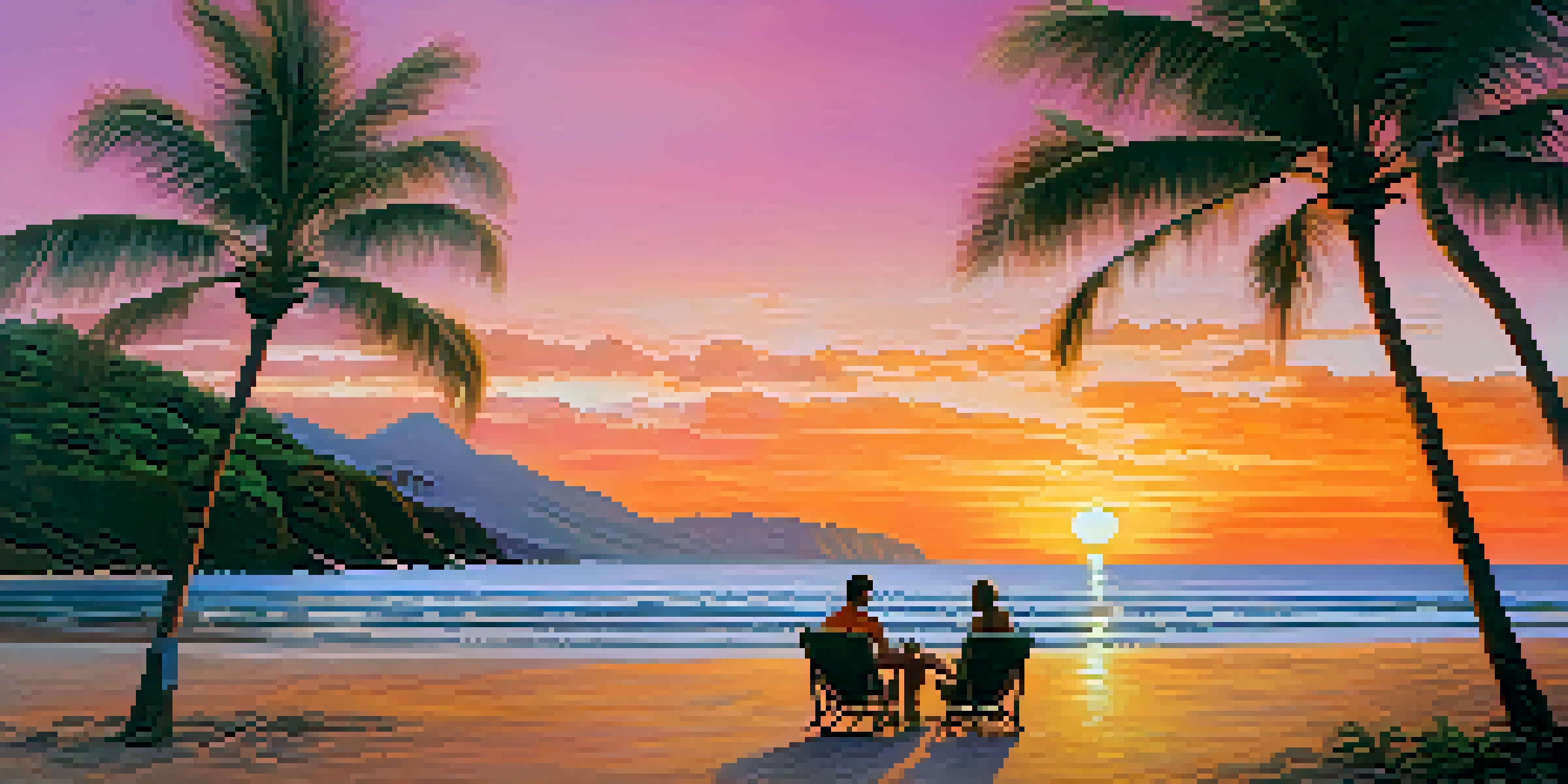 A peaceful sunset beach scene in Maui, Hawaii with a couple enjoying cocktails on the sand.