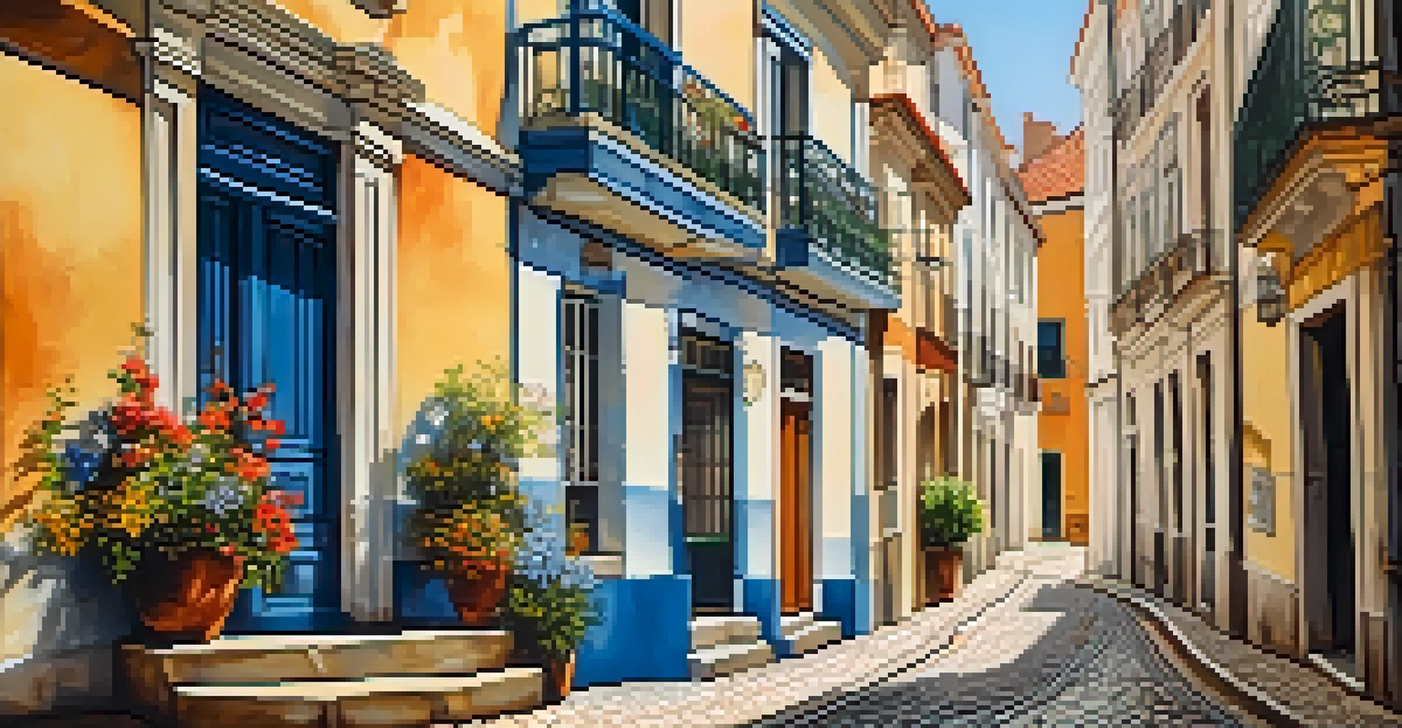 A street in Lisbon showcasing a colorful mural alongside traditional azulejos, with flowers and cobblestones.