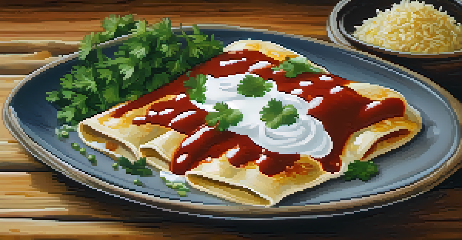 A close-up of enchiladas with red chili sauce, garnished with cilantro, on a rustic wooden table.