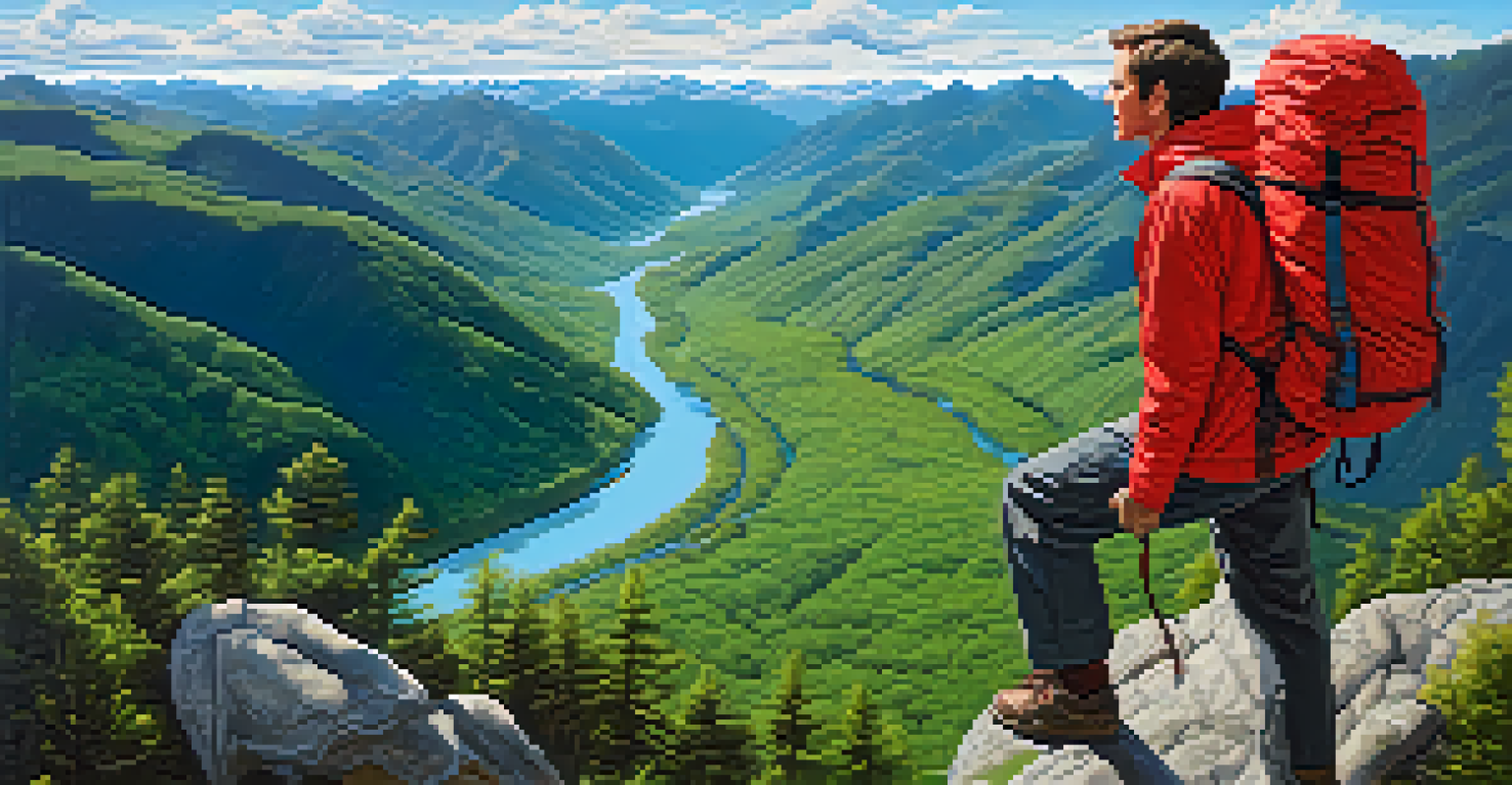 A hiker in a red jacket standing on a mountain peak with a breathtaking view of a green valley below.
