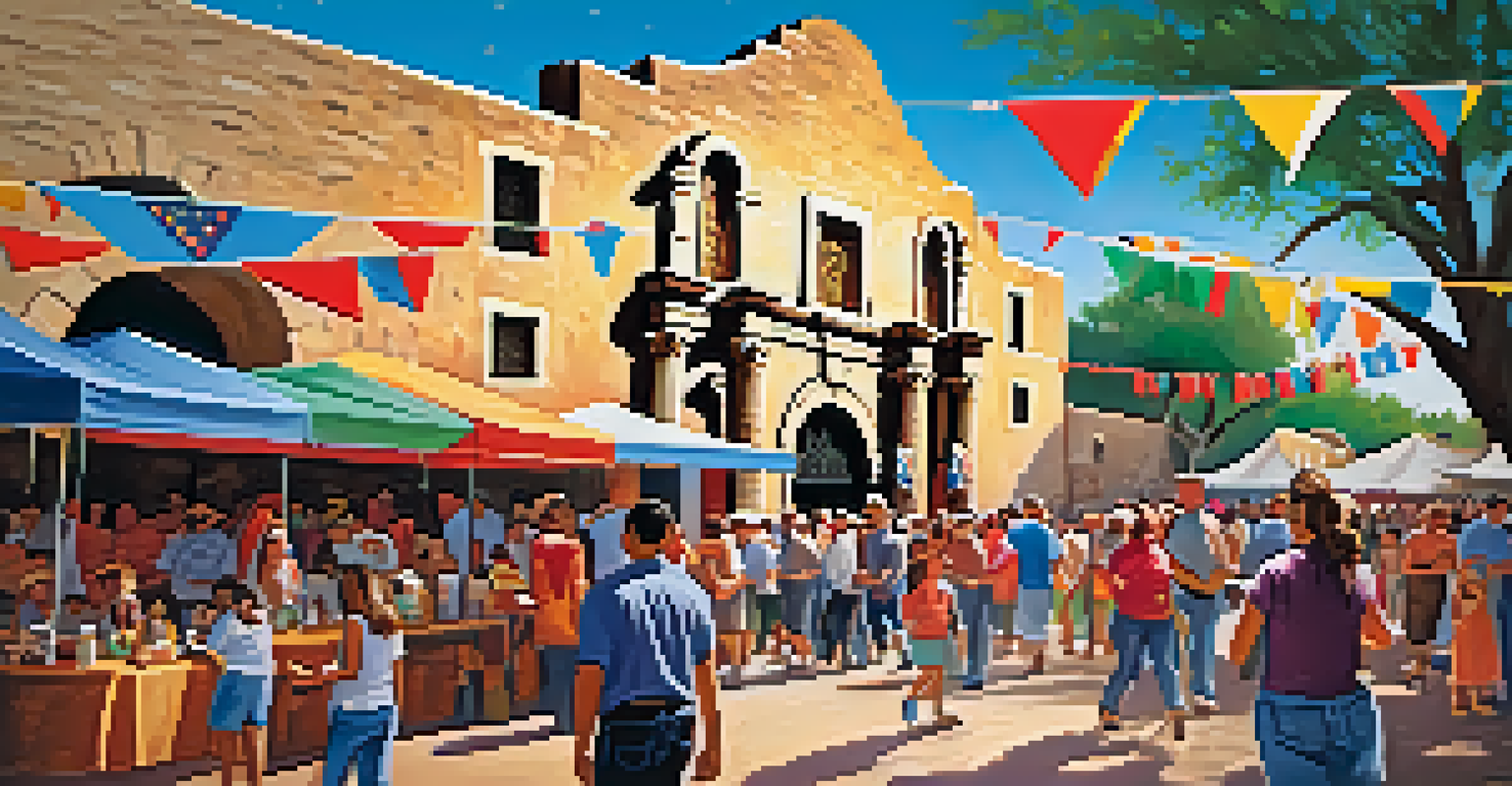 A lively festival outside the Alamo with families enjoying food, music, and decorations, showcasing Texan culture.