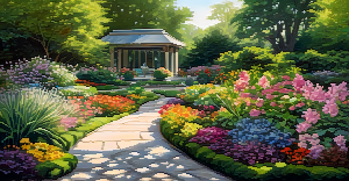 A peaceful botanical garden with a stone pathway, colorful flowers, and a reflective pond under soft sunlight.
