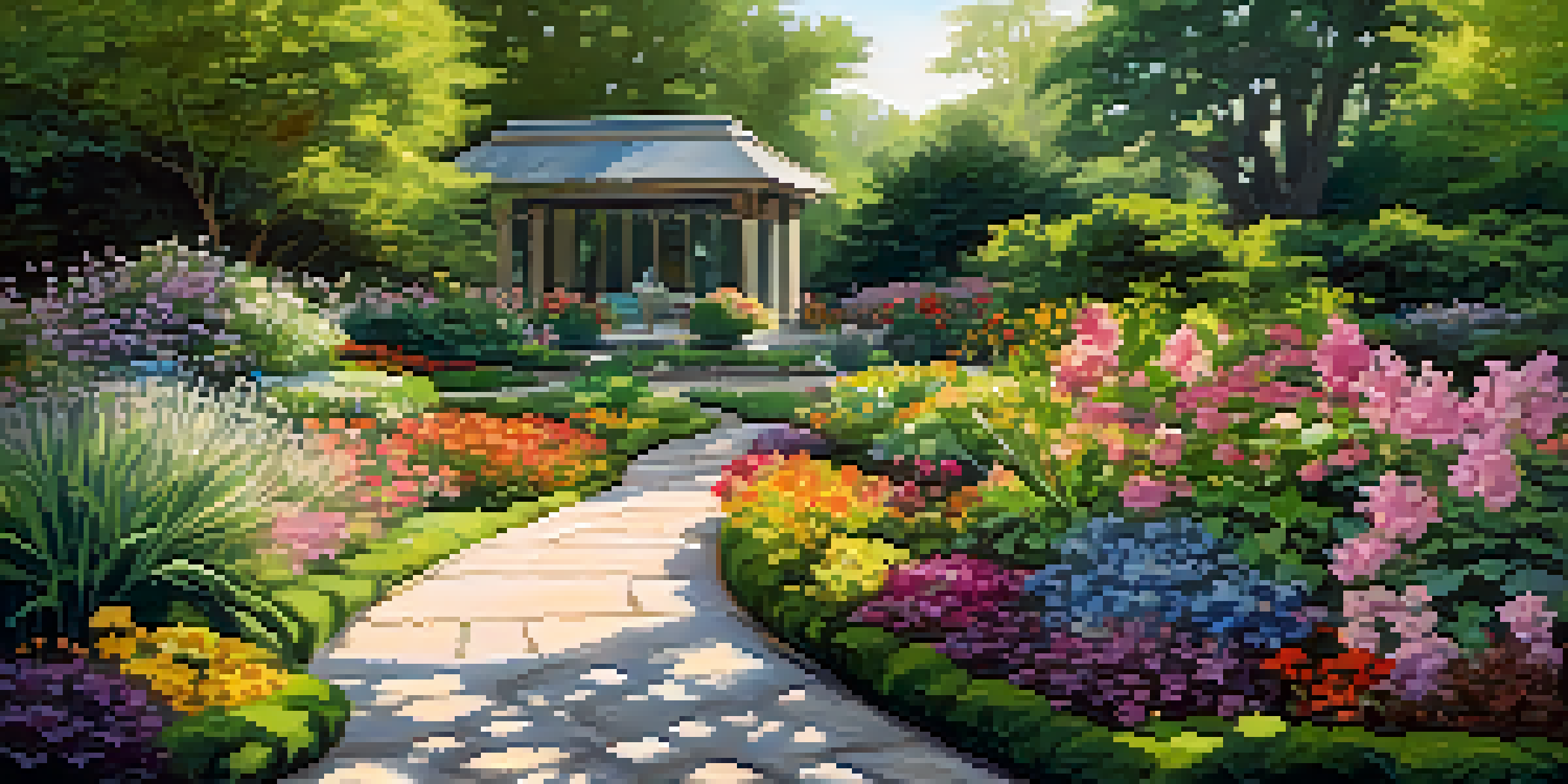 A peaceful botanical garden with a stone pathway, colorful flowers, and a reflective pond under soft sunlight.