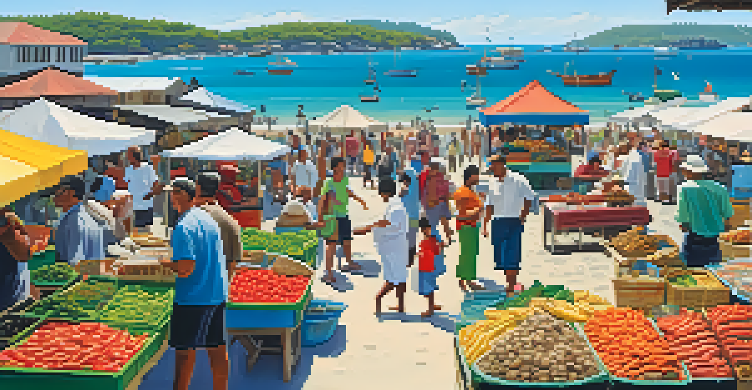 A lively coastal market with locals selling seafood and crafts, set against a backdrop of the ocean and bright blue sky.