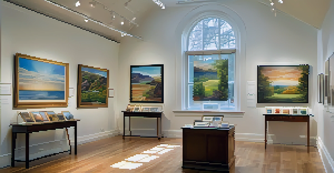 A photography gallery with various framed photographs on white walls, illuminated by natural light, and visitors interacting with the images.