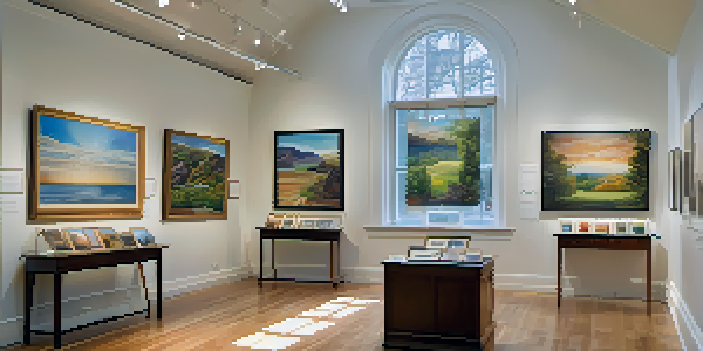 A photography gallery with various framed photographs on white walls, illuminated by natural light, and visitors interacting with the images.