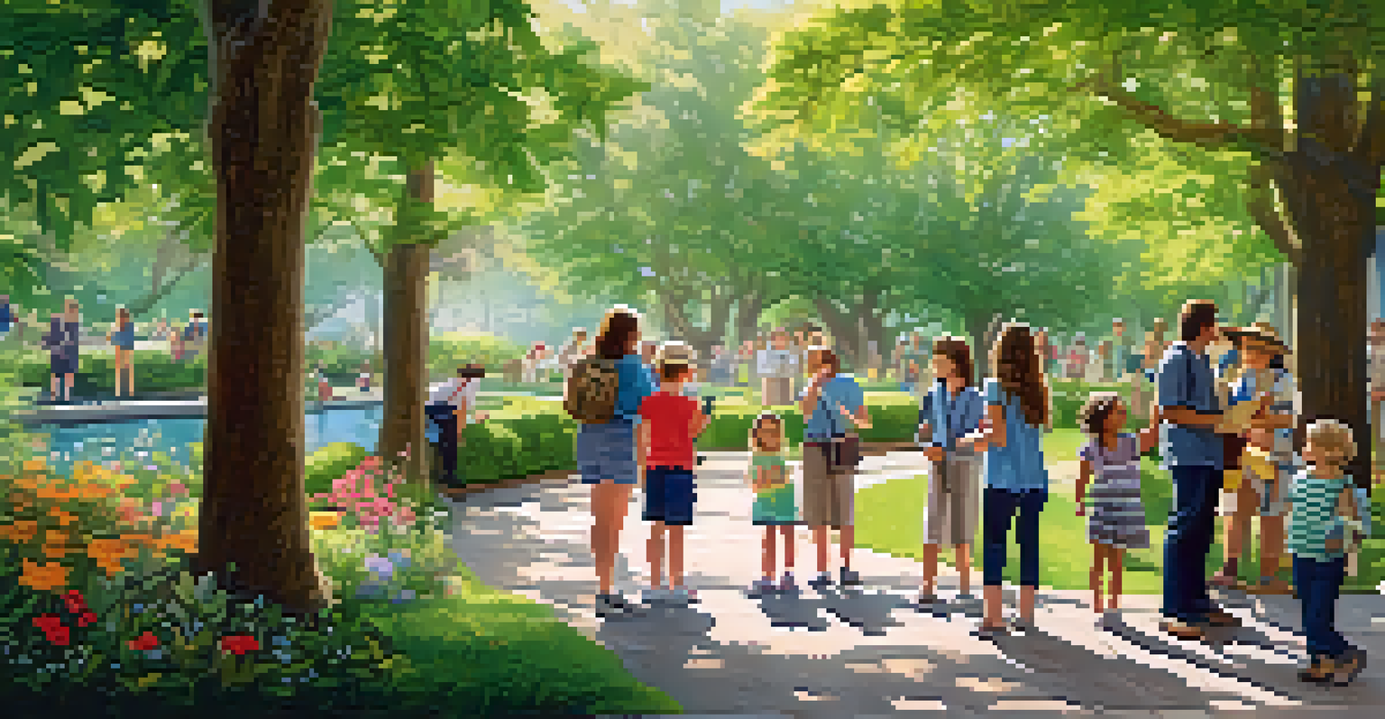 A serene park scene with families exploring during a scavenger hunt, surrounded by greenery and flowers.