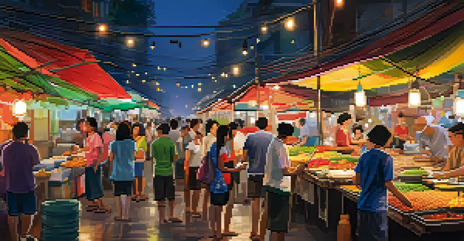 A lively street food market in Thailand with colorful stalls and vendors preparing traditional dishes, illuminated by string lights.