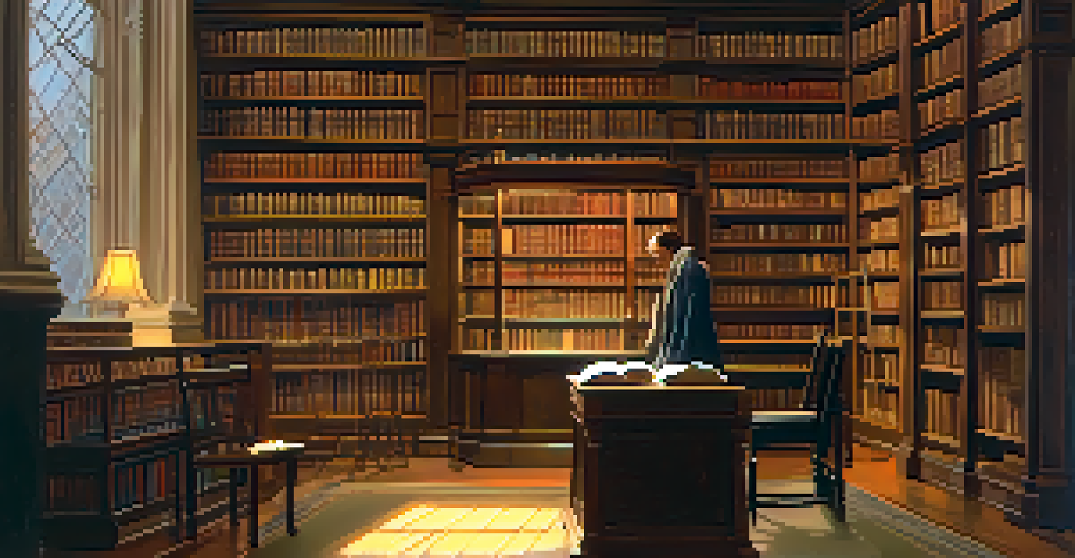 A benevolent ghostly librarian hovers among the antique books in the Boston Athenaeum, with patrons reading in a cozy, dimly-lit library.