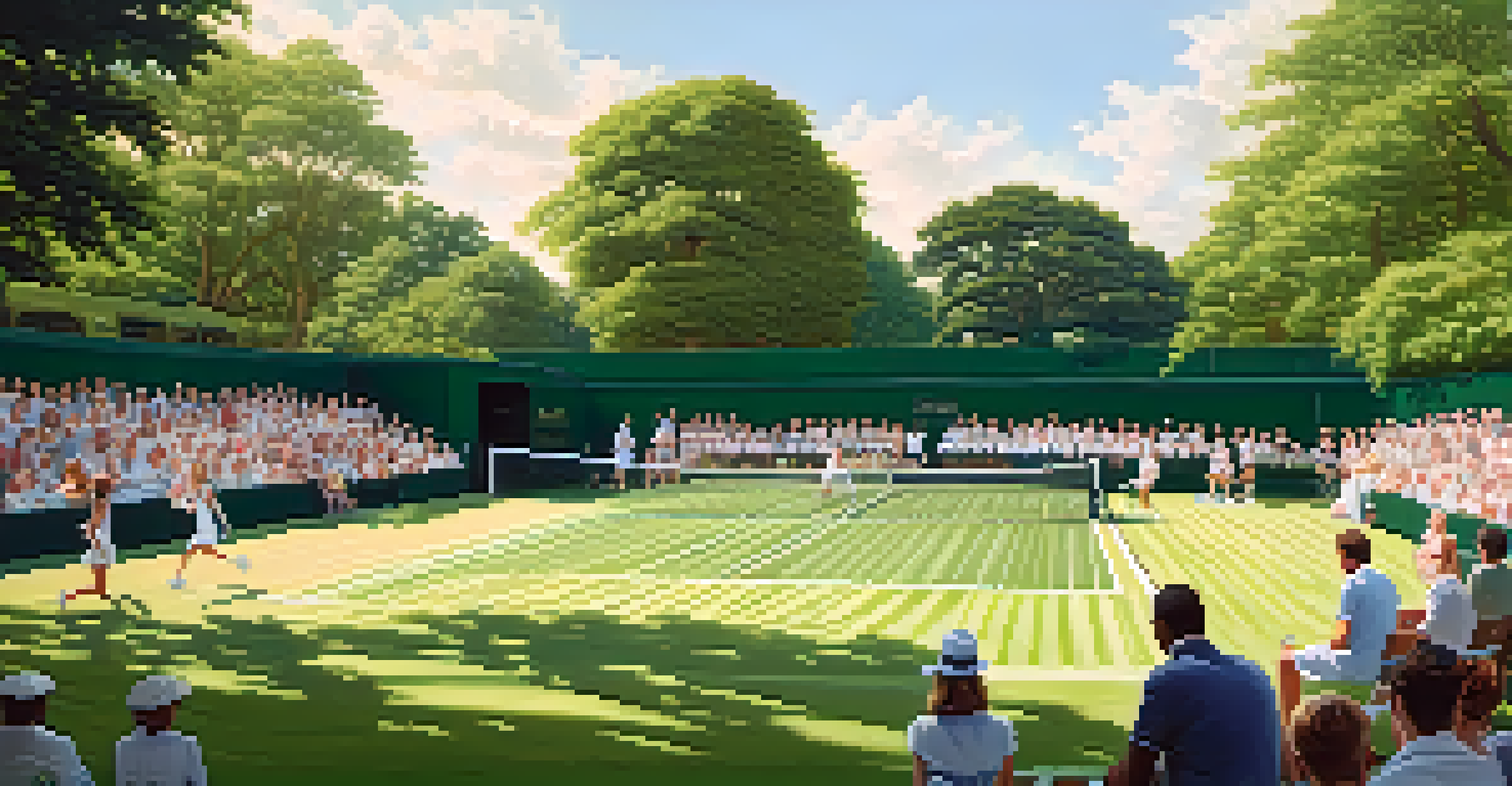 A beautiful Wimbledon tennis match on lush green grass courts with spectators enjoying strawberries and cream.