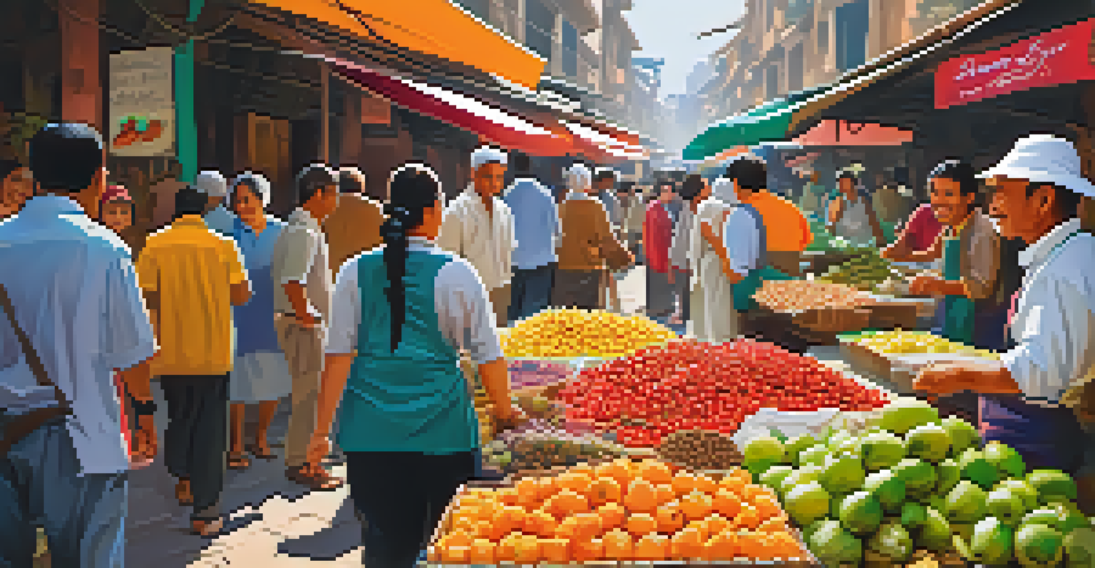 Travelers enjoying street food in a vibrant market, surrounded by colorful stalls filled with fresh produce and local dishes.