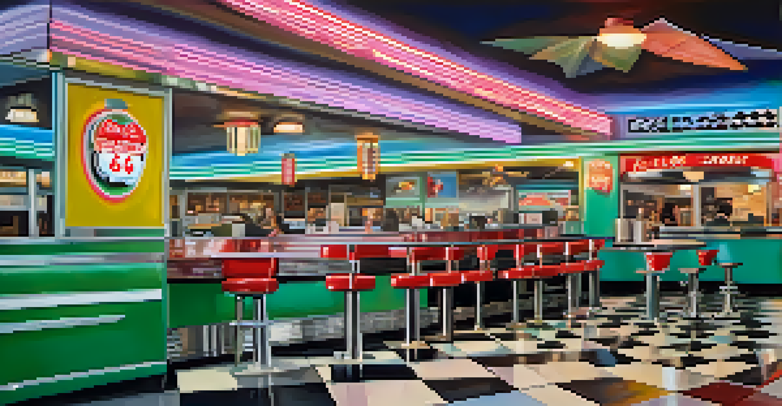 A nostalgic diner scene at The Route 66 Diner in Albuquerque, showcasing milkshakes, burgers, and retro decor.