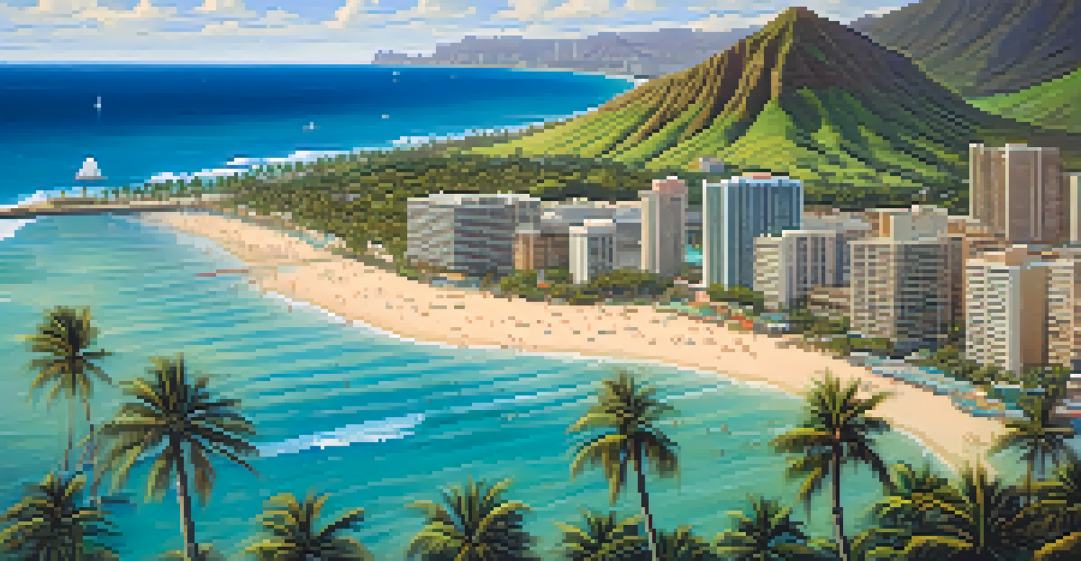 Aerial view of Waikiki Beach with surfers and palm trees, surrounded by mountains.