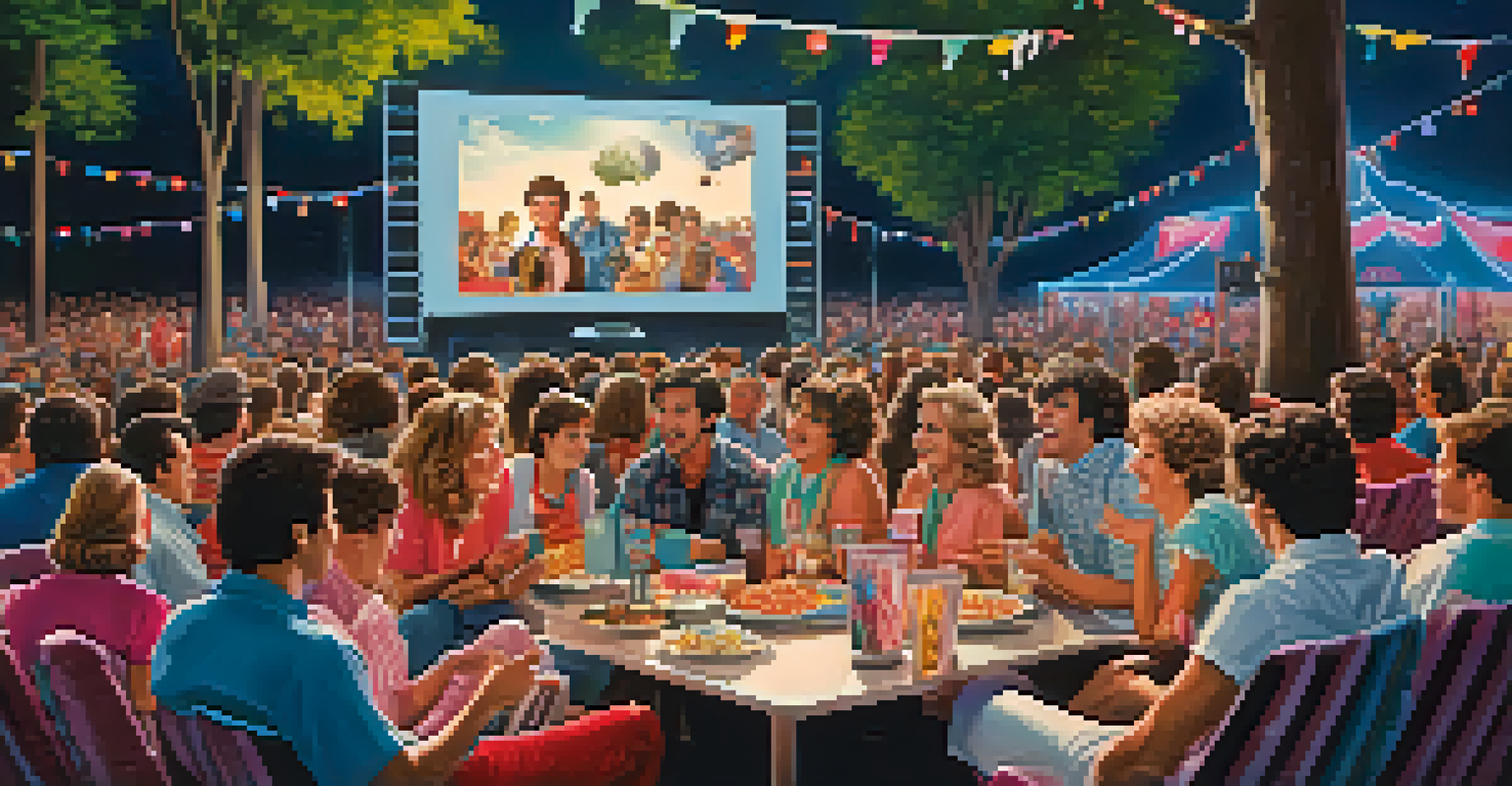 A themed outdoor movie night with people in 1980s outfits, a large screen, and festive decorations.