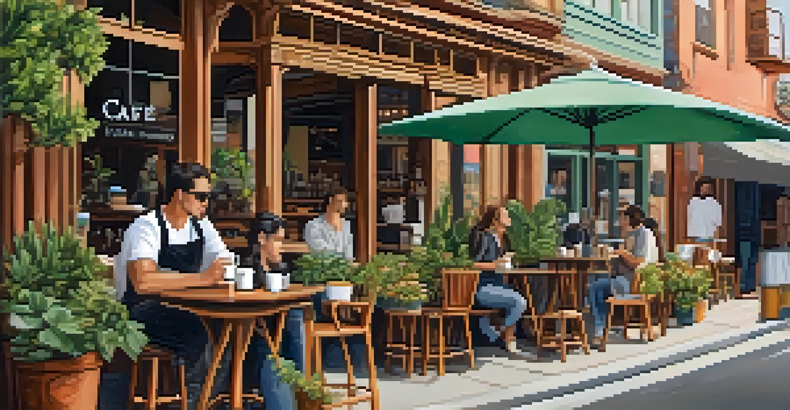 A cozy local café with outdoor seating, showcasing travelers and locals enjoying coffee responsibly.
