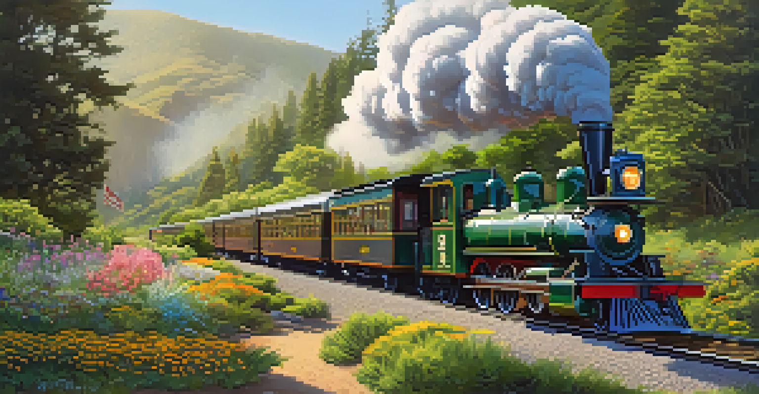 A restored section of the Central Pacific Railroad featuring a vintage steam locomotive amidst lush greenery and flowers, with visitors admiring the scene.