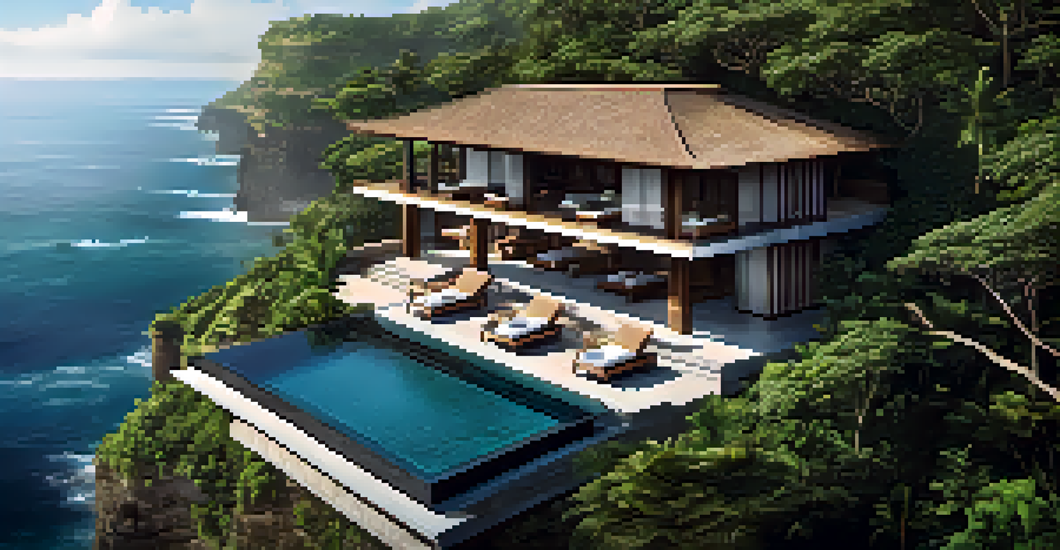 An aerial view of luxurious villas on cliffs by the ocean, surrounded by tropical greenery.
