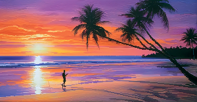 A beautiful sunset over a calm beach with palm trees and a person walking along the shore.