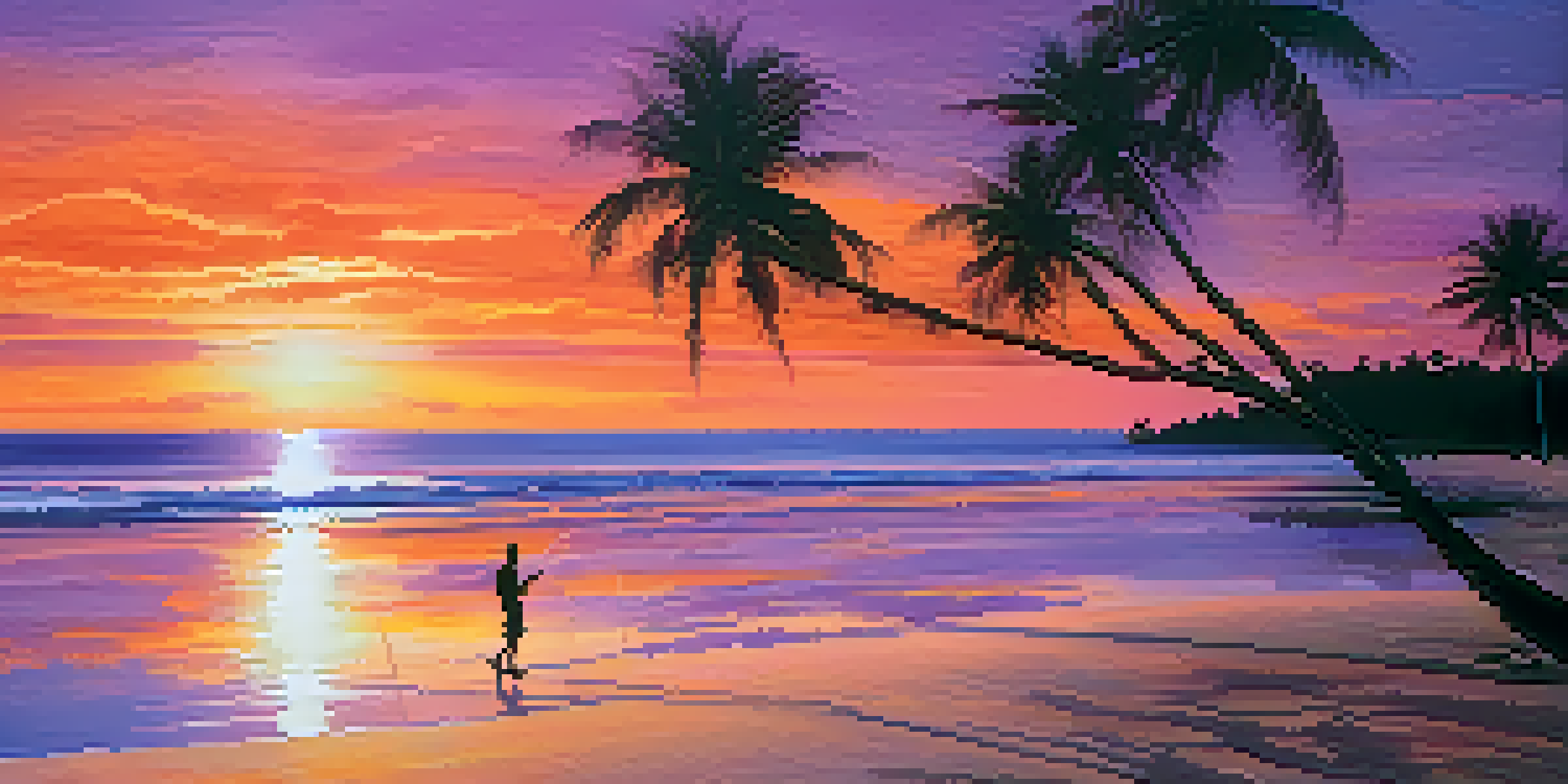 A beautiful sunset over a calm beach with palm trees and a person walking along the shore.