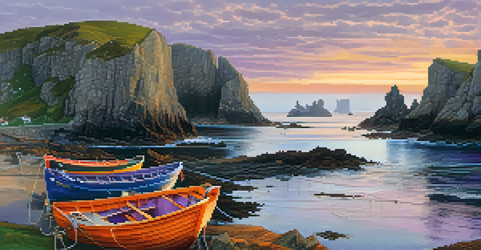 A vibrant sunset over Ballintoy Harbour in Northern Ireland, featuring colorful fishing boats and dramatic cliffs along the coastline.