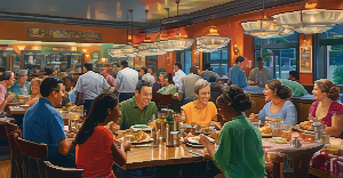 A lively restaurant with diverse diners and a server balancing trays, showcasing a warm and vibrant atmosphere.