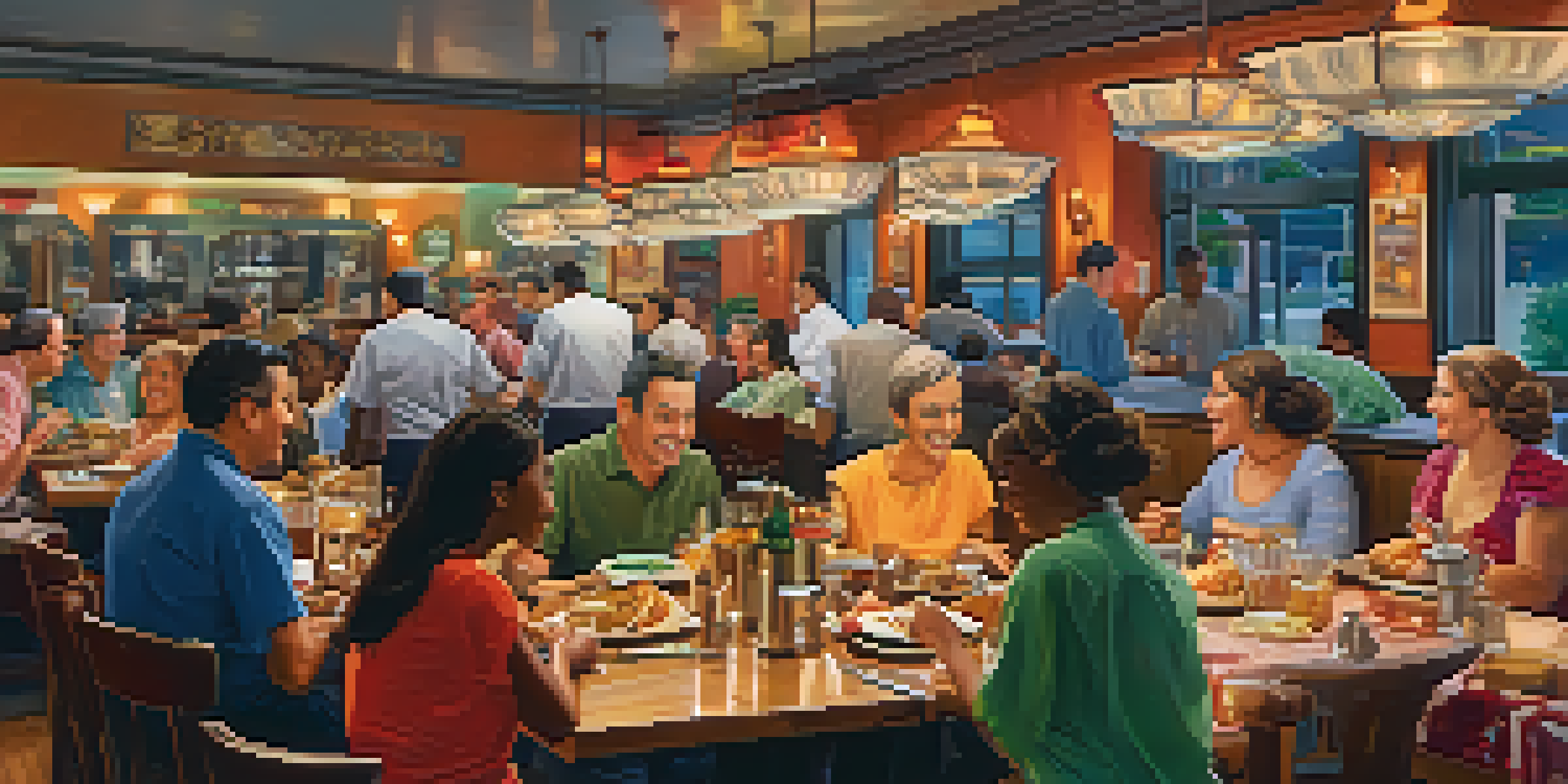 A lively restaurant with diverse diners and a server balancing trays, showcasing a warm and vibrant atmosphere.