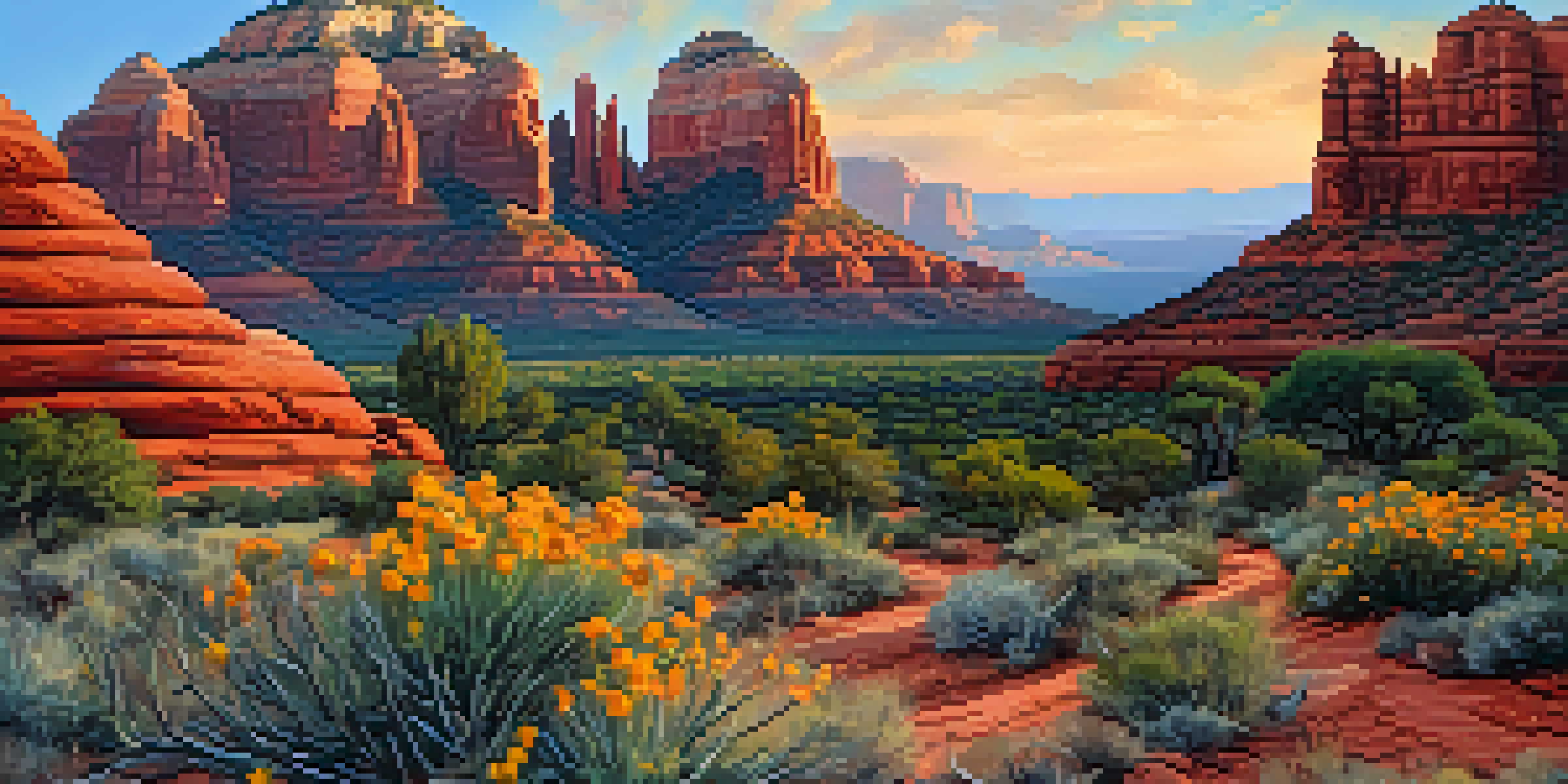 A scenic landscape of red rock formations in Sedona, Arizona, with a sunset illuminating the sky and colorful desert flowers in the foreground.