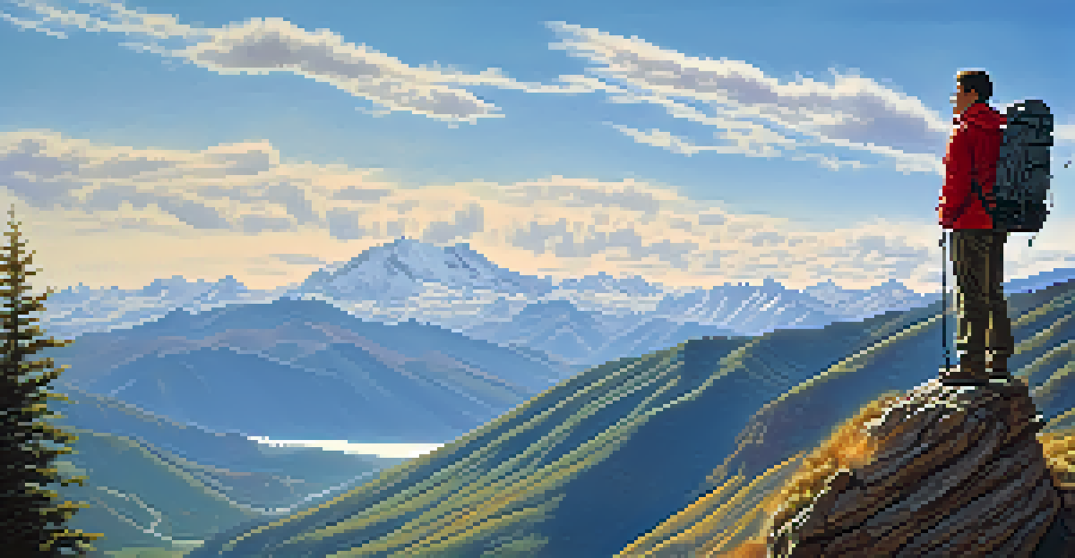 A hiker in layered clothing at a scenic viewpoint with mountains and a clear blue sky.