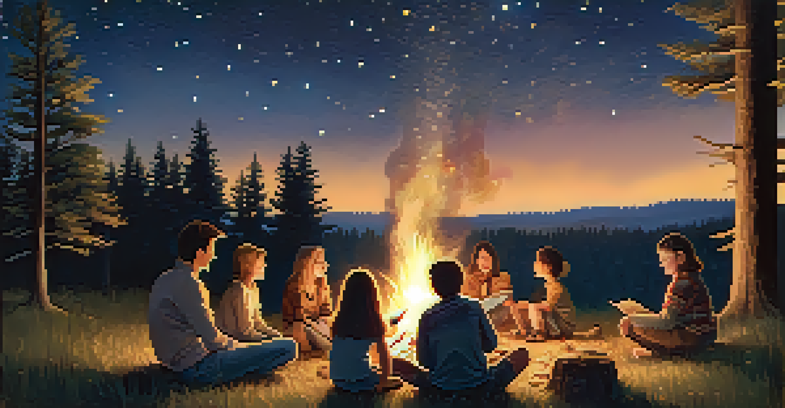 A family around a campfire at night, roasting marshmallows under a starry sky.