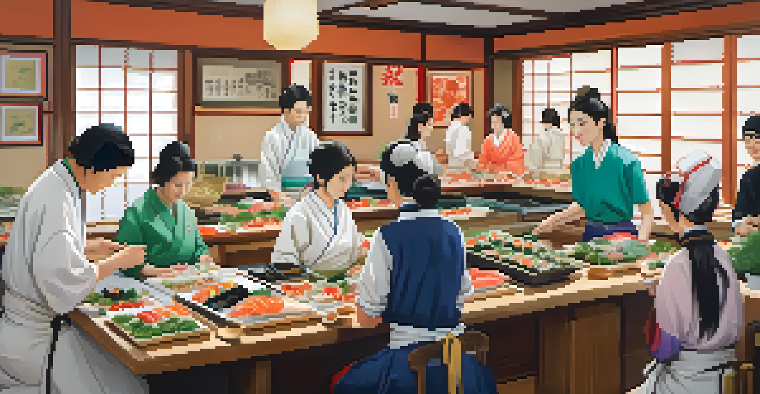 A lively sushi-making cooking class with participants rolling sushi and preparing fresh ingredients in a vibrant kitchen.