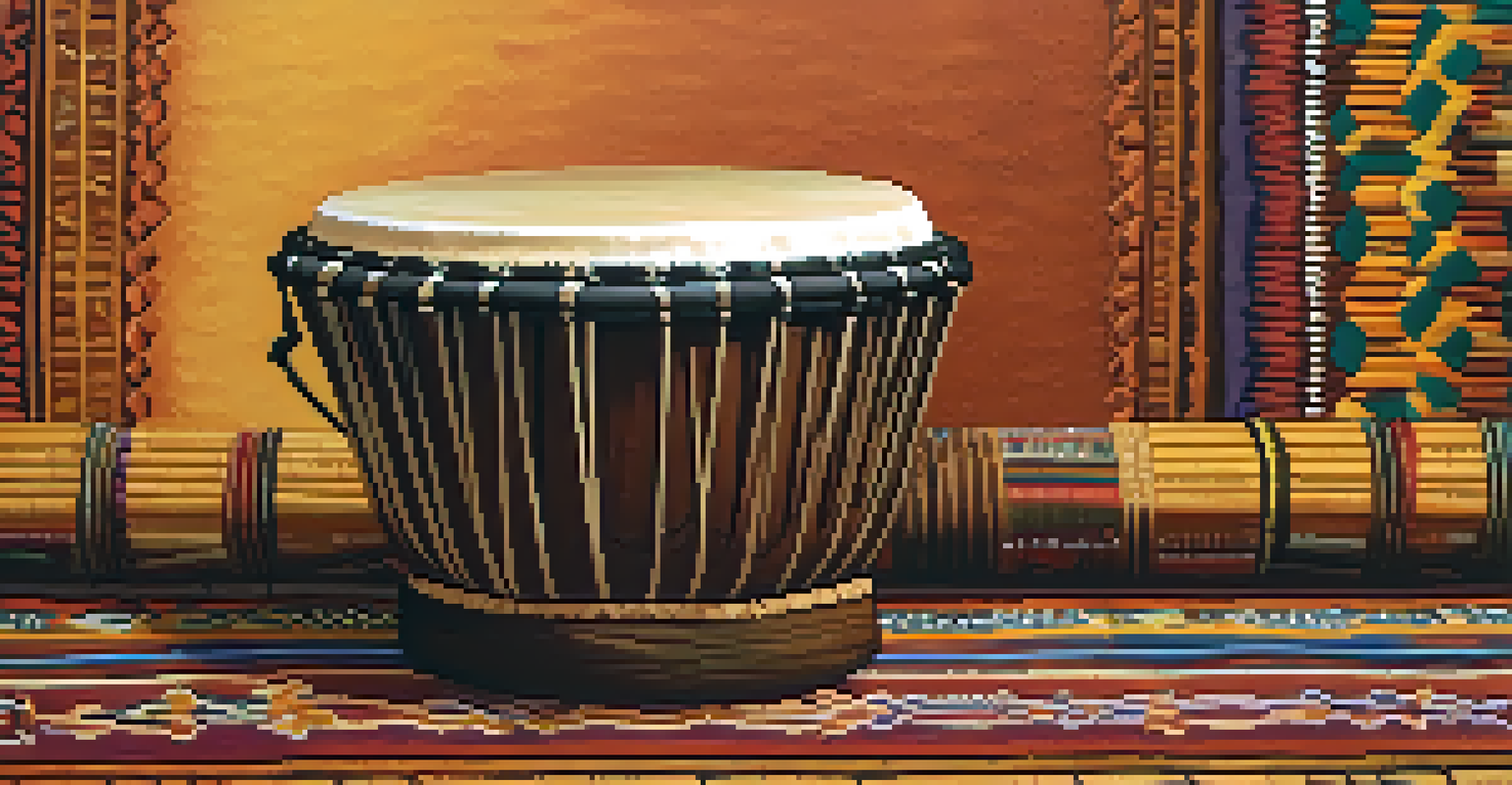 A close-up of a djembe drum with intricate carvings on a colorful woven mat, showcasing the textures and warm lighting.