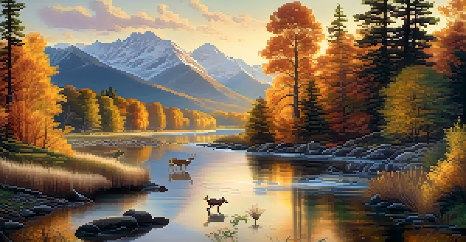 A picturesque landscape with a river, mountains, and wildlife, illuminated by golden hour sunlight.