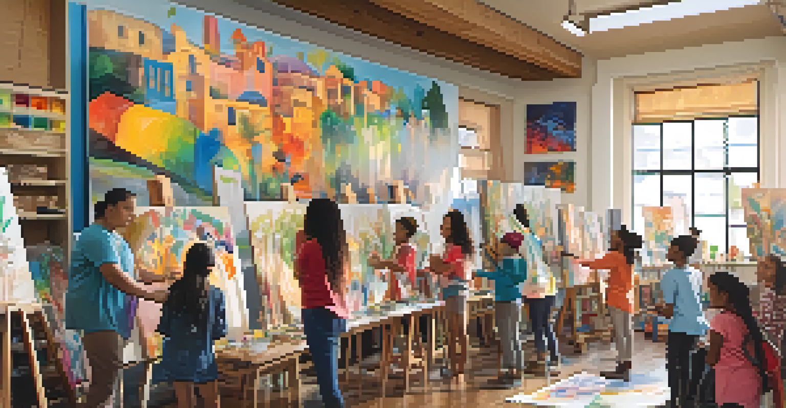 A community art workshop with people of different ages creating art inspired by cultural themes, surrounded by colorful murals and natural light.